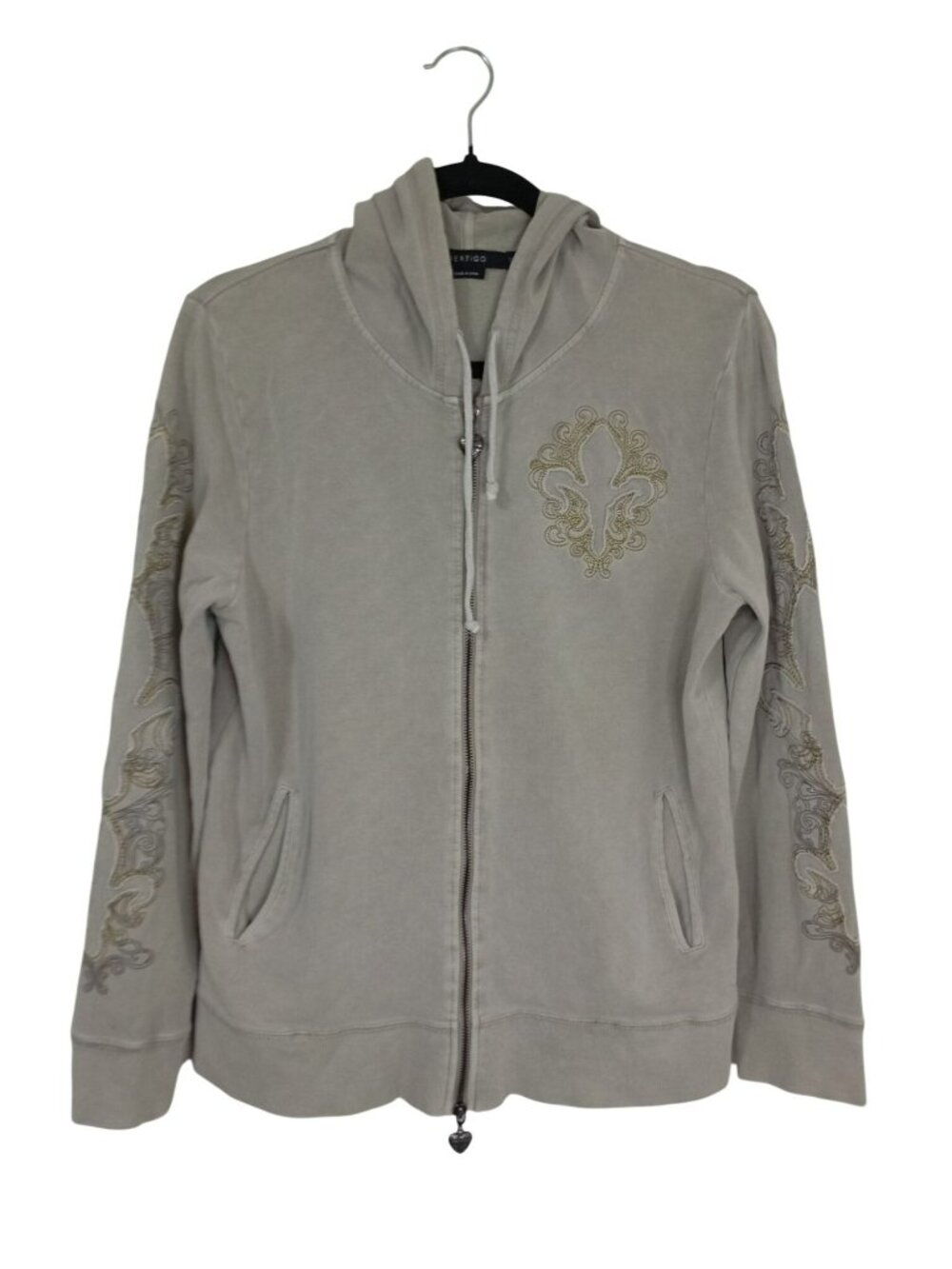 Vertigo XL Beige Zip-Up Hoodie With Gold Embroidery & Heart Zipper Pull